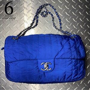 Chanel Soft Shell Vertical Quilted Nylon Jumbo Classic Flap Bag in Blue